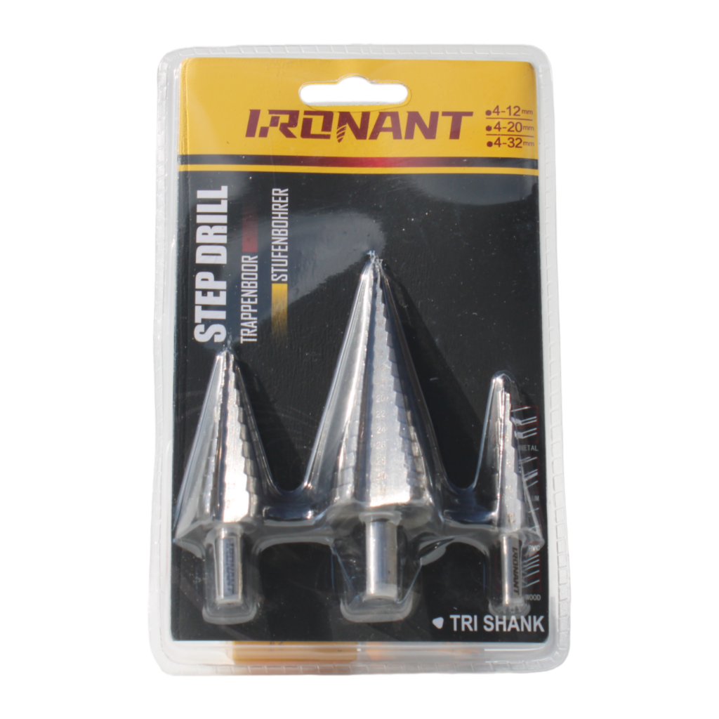 IJzersterke Ironant trappenboren set met rechte groeve (4-12, 4-20 en 4-32mm) en zilverkleurig, voor boren in metaal, hout en plastics